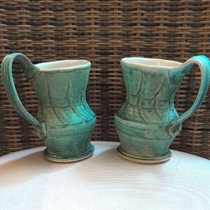 Handmade Turquoise Ceramic Textured Coffee Mug Set Artist Signed Pottery Cups